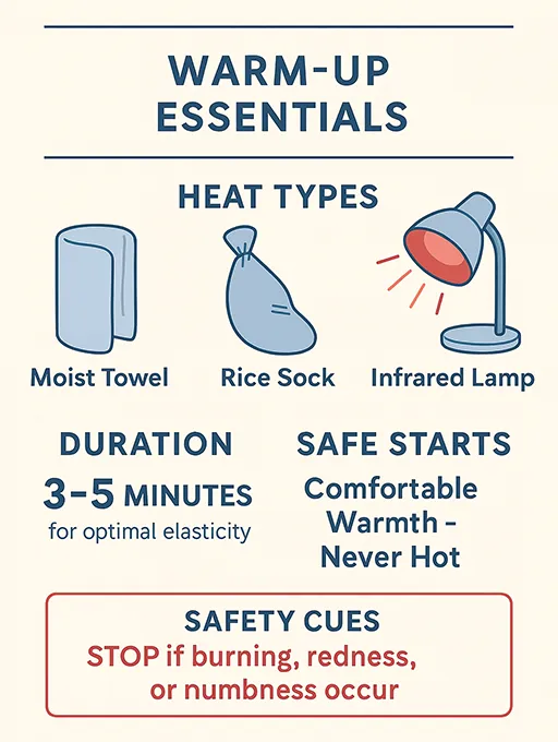 Warm-up methods: towel, rice sock, infrared lamp