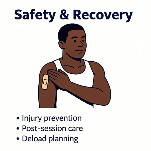 Safety workflow: pre-checks → warm-up → low-load work → warm-down → recovery → logging